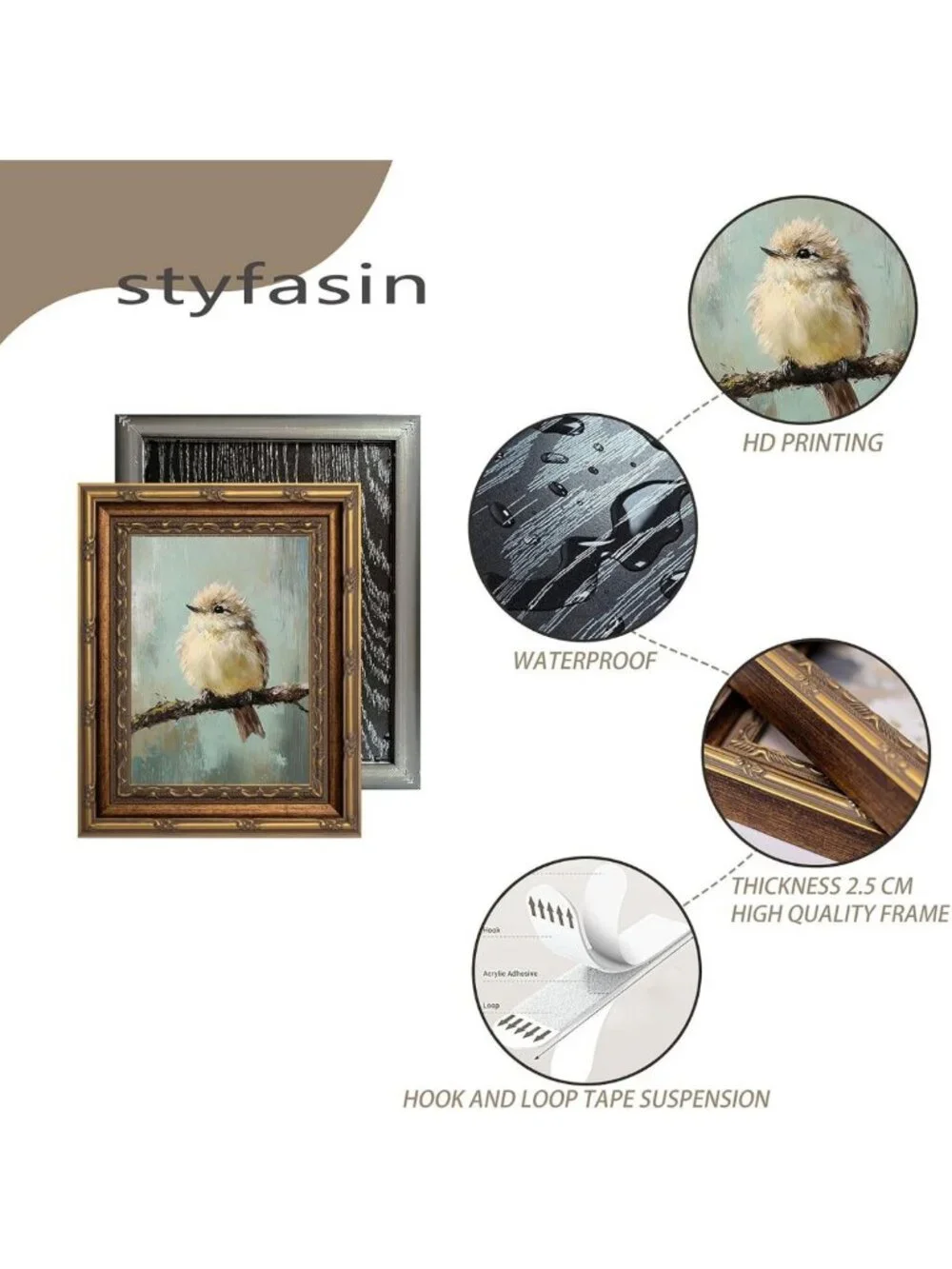 Vintage Gold Framed Bird Canvas Art - Beige Sparrow Wall Decor for Home